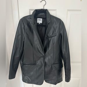 Zara Black Leather Double Breasted Blazer